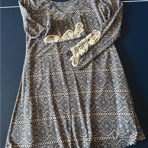 Navy and White Sheath Dress with Bishop Sleeves